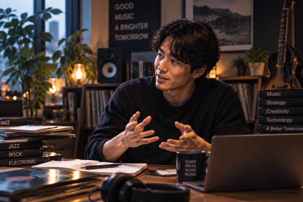 HALのイメージ画像。レコード棚を背に会話する男性