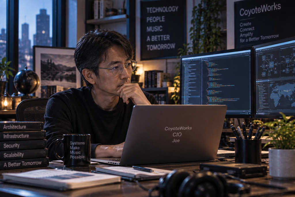 Joeのイメージ画像。コード画面とネットワーク図を背にした男性